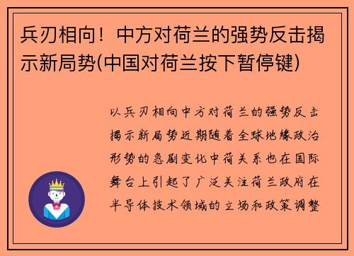 兵刃相向！中方对荷兰的强势反击揭示新局势(中国对荷兰按下暂停键)