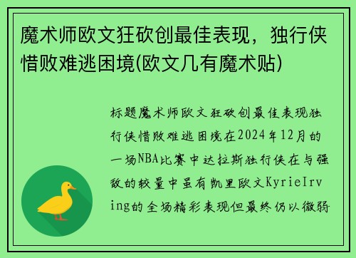 魔术师欧文狂砍创最佳表现，独行侠惜败难逃困境(欧文几有魔术贴)