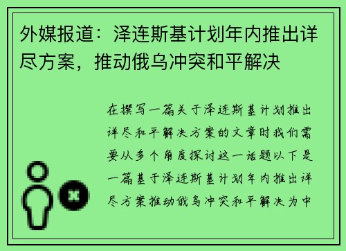 外媒报道：泽连斯基计划年内推出详尽方案，推动俄乌冲突和平解决