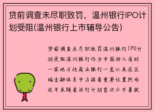 贷前调查未尽职致罚，温州银行IPO计划受阻(温州银行上市辅导公告)