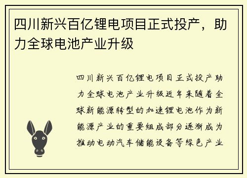 四川新兴百亿锂电项目正式投产，助力全球电池产业升级