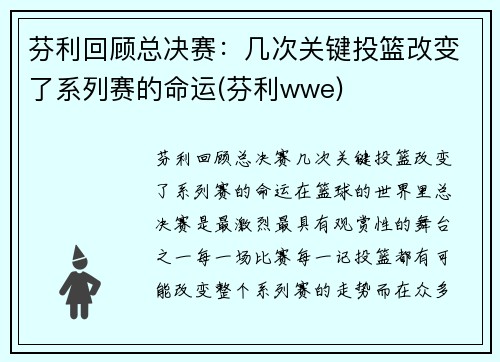 芬利回顾总决赛：几次关键投篮改变了系列赛的命运(芬利wwe)