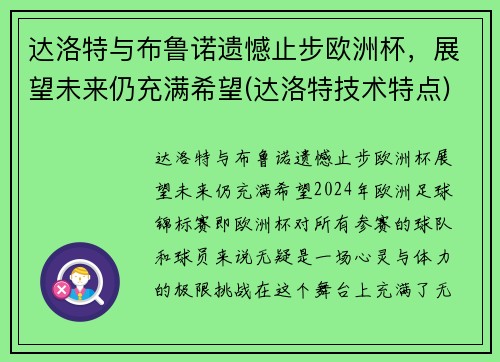 达洛特与布鲁诺遗憾止步欧洲杯,展望未来仍充满希望(达洛特技术特点)