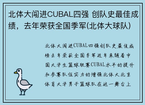 北体大闯进CUBAL四强 创队史最佳成绩，去年荣获全国季军(北体大球队)