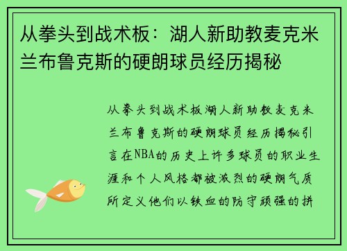 从拳头到战术板：湖人新助教麦克米兰布鲁克斯的硬朗球员经历揭秘