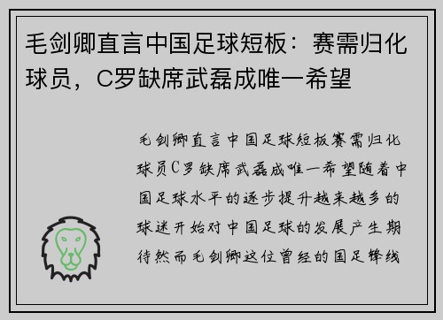 毛剑卿直言中国足球短板：赛需归化球员，C罗缺席武磊成唯一希望