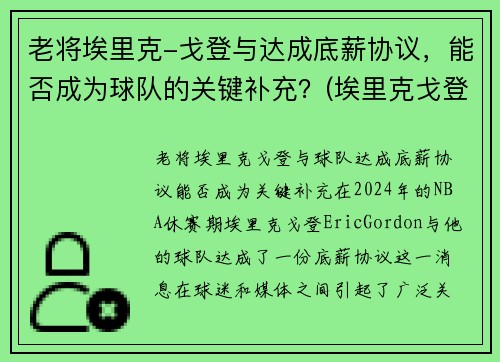 老将埃里克-戈登与达成底薪协议，能否成为球队的关键补充？(埃里克戈登什么水平)